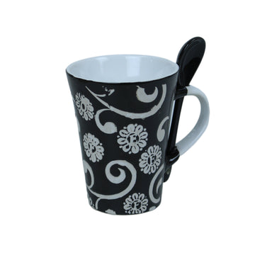 250ml Floral Design Black Ceramic Mug Spoon on Handle