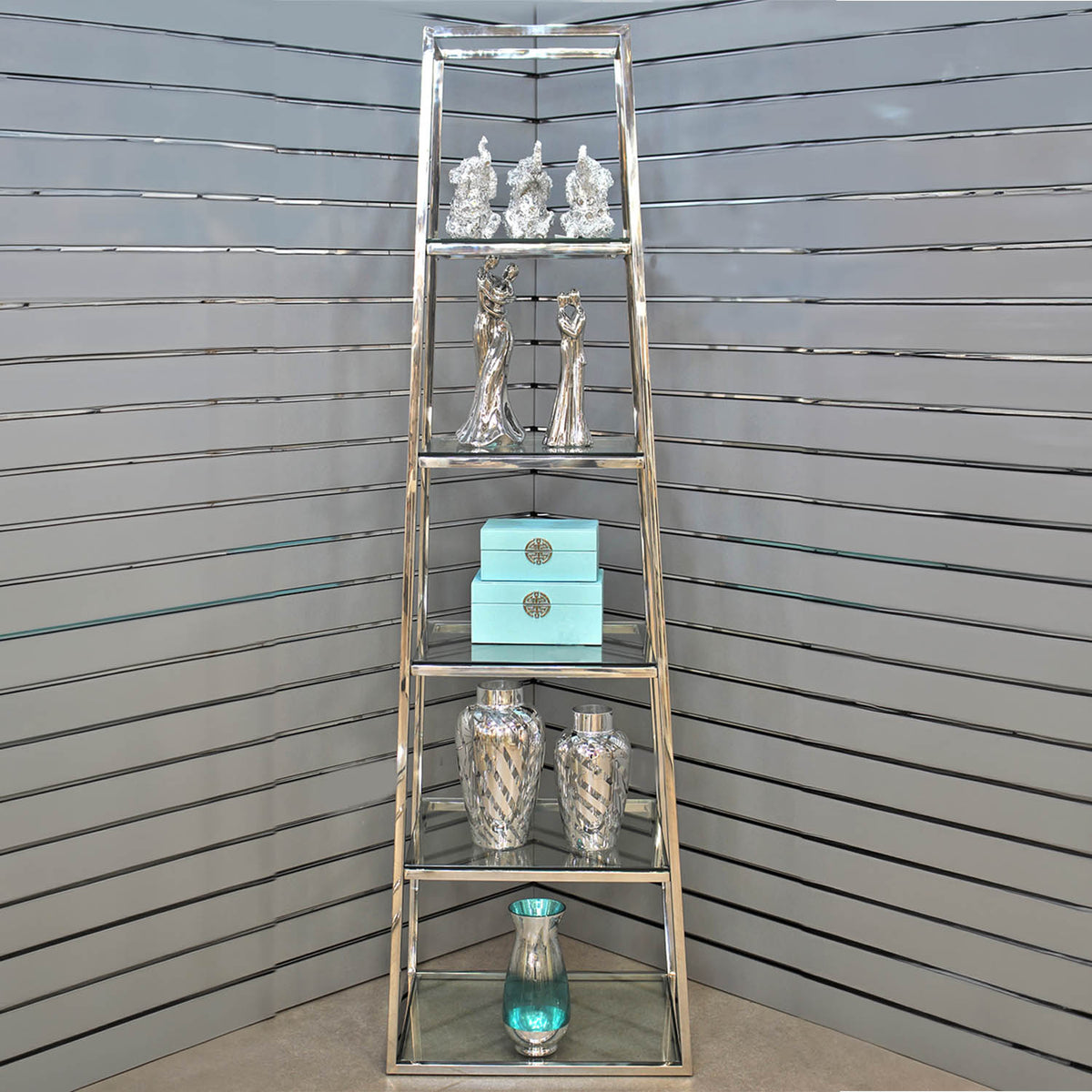 Silver Stainless Steel 5 Tier Ladder Glass Shelves