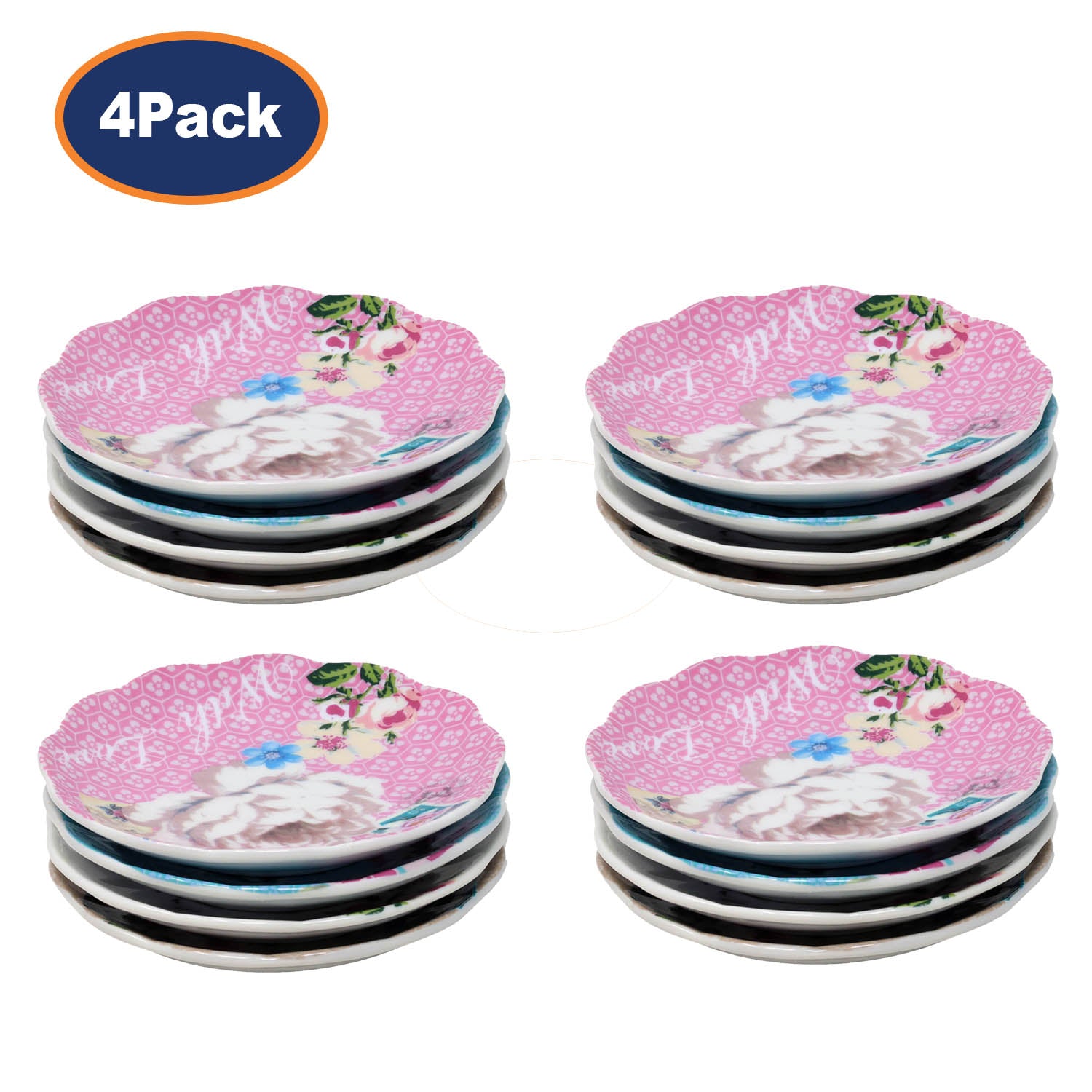 4Packs of 4Pcs Small Bird Flower Butterfly Pattern Ceramic Plates