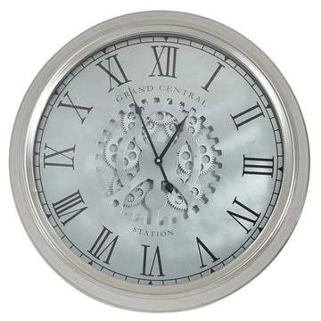 Round 52.5cm Silver Gears Wall Clock with Roman Numerals