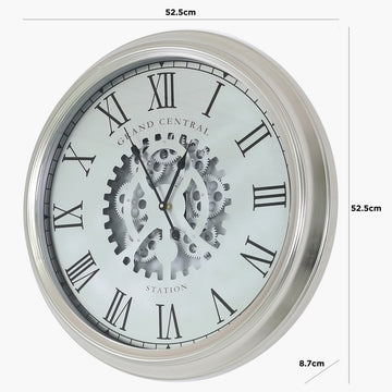 Round 52.5cm Silver Gears Wall Clock with Roman Numerals