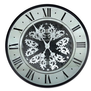 Round 59.5cm Black and Mirrored Gears Wall Clock with Roman Numerals