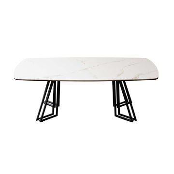 White Ceramic Glass Top Black Geometric Metal Frame Coffee Table