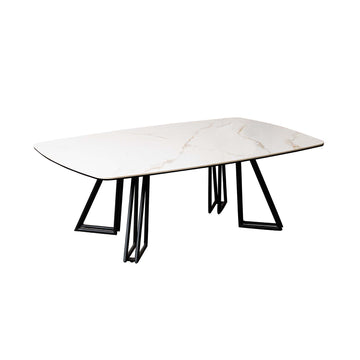 White Ceramic Glass Top Black Geometric Metal Frame Coffee Table