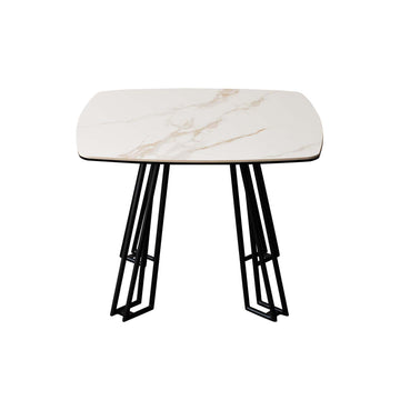 White Ceramic Glass Top Black Geometric Metal Frame Side Table