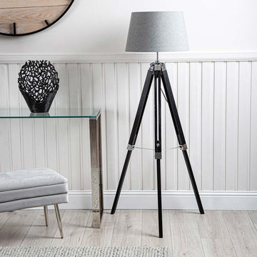 Hollywood Black Finish Tripod Base Floor Lamp with Grey Shade