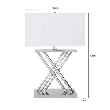 70cm Silver X-Design Table Lamp with White Silk Shade