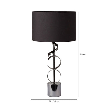 51cm Black Metal Swirl Bedside Table Lamp with Black Linen Shade Silver Inside