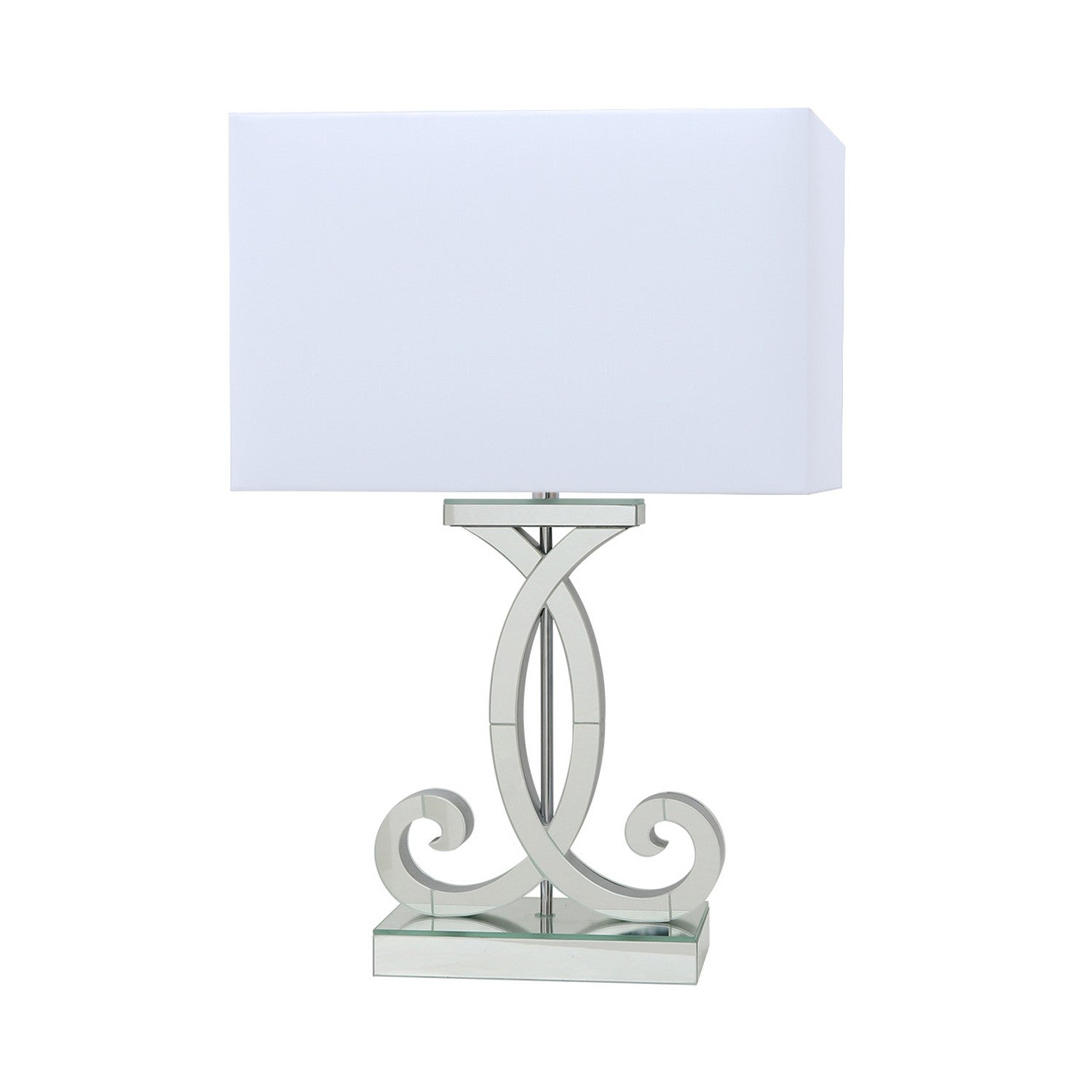 Clear Mirror Base Table Lamp White Faux Shade