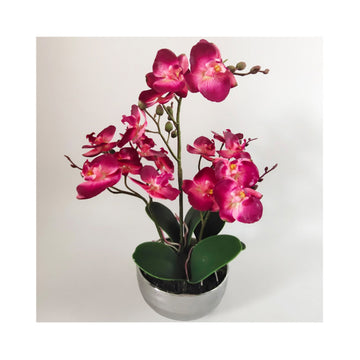 35cm Pink Artificial Orchid Display in Chrome Pot