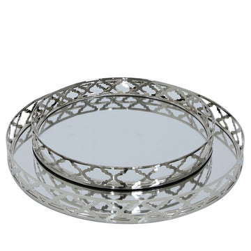 Set Of 2 Metal Mirrored Silver Serving Trays