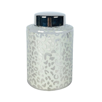 30cm Grey Silver Leopard Print Cylinder Ginger Jar