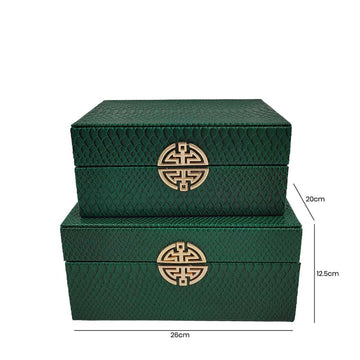 Set of 2 Green Faux Snake Leather Jewellery Boxes