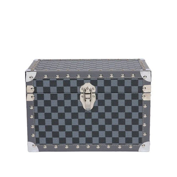 Small Navy Grey Checkered Faux Leather Jewellery Box