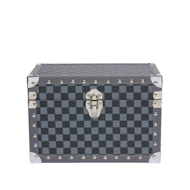 Small Navy Grey Checkered Faux Leather Jewellery Box