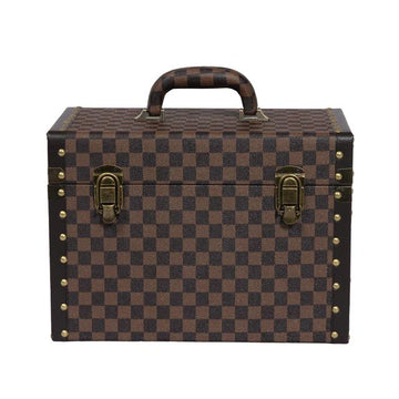 Large Checkered Brown Faux Leather Travel Vanity Case