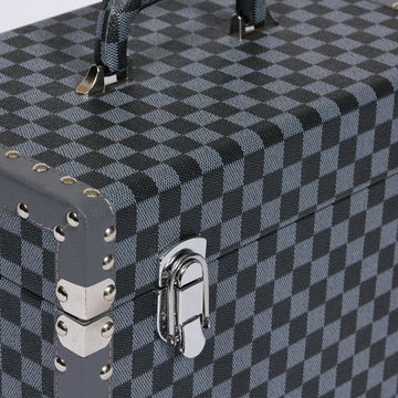 Large Checkered Navy Grey Faux Leather Travel Vanity Case