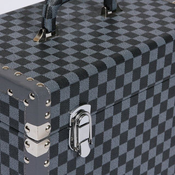 Large Checkered Navy Grey Faux Leather Travel Vanity Case