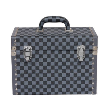 Large Checkered Navy Grey Faux Leather Travel Vanity Case