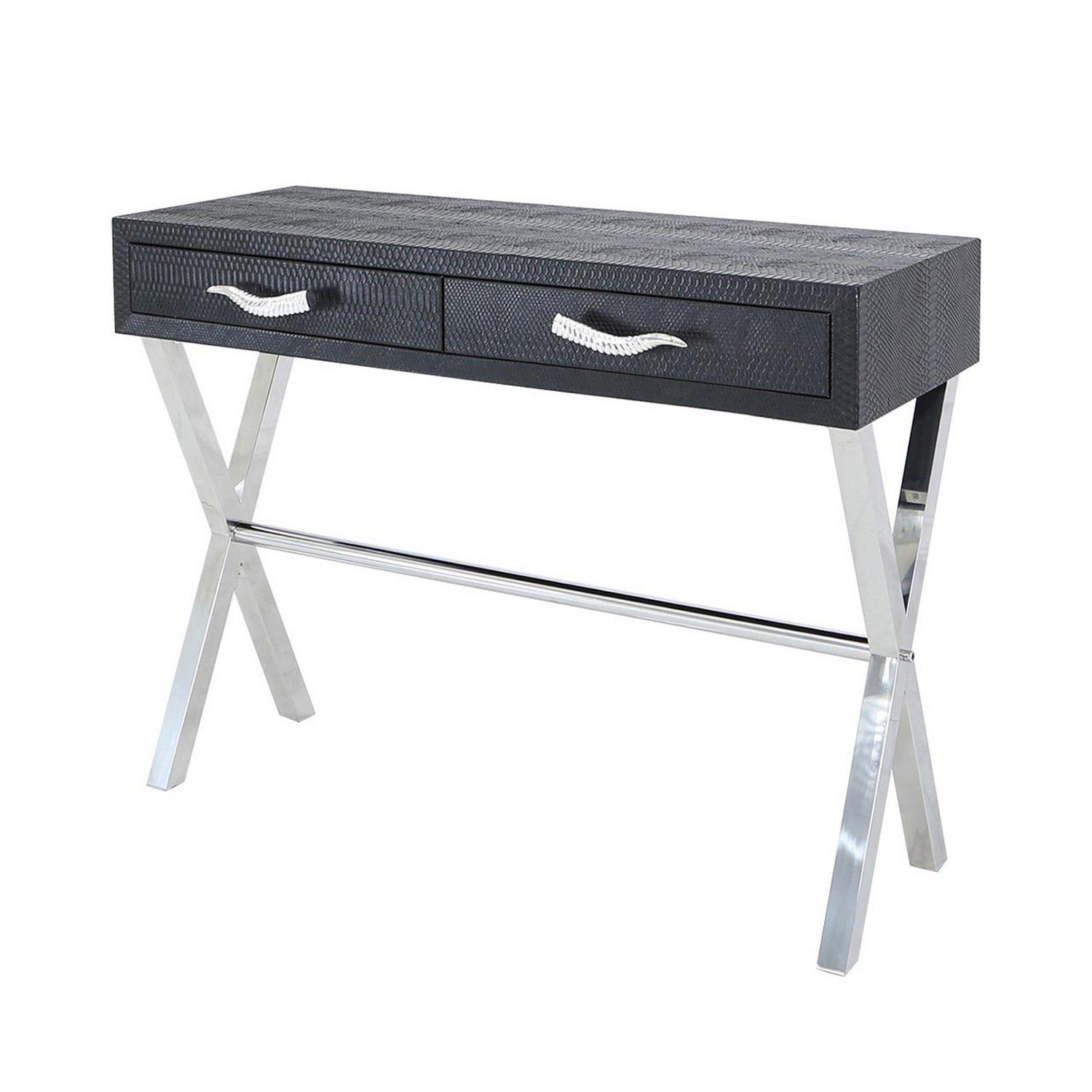 Black and Stainless Steel Faux Snakeskin 2 Drawer Console Table