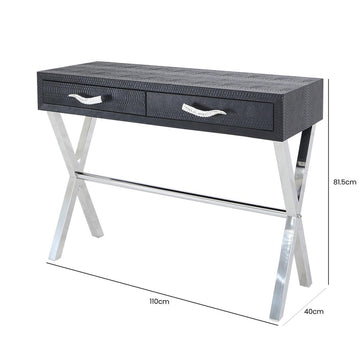 Black and Stainless Steel Faux Snakeskin 2 Drawer Console Table