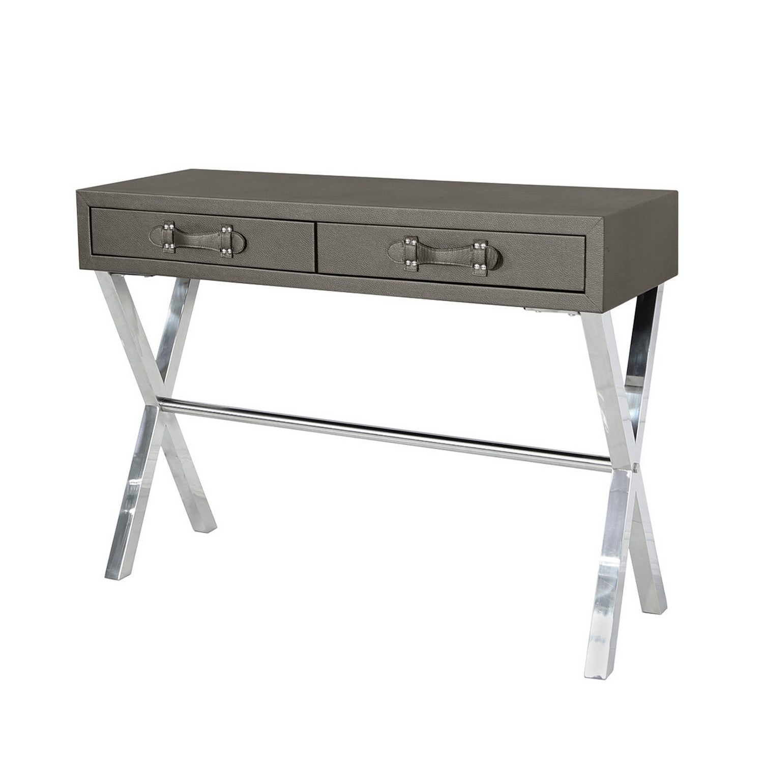 Pewter and Stainless Steel Faux Leather 2 Drawer Console Table