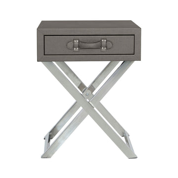 Pewter and Stainless Steel Faux Leather 1 Drawer End Table