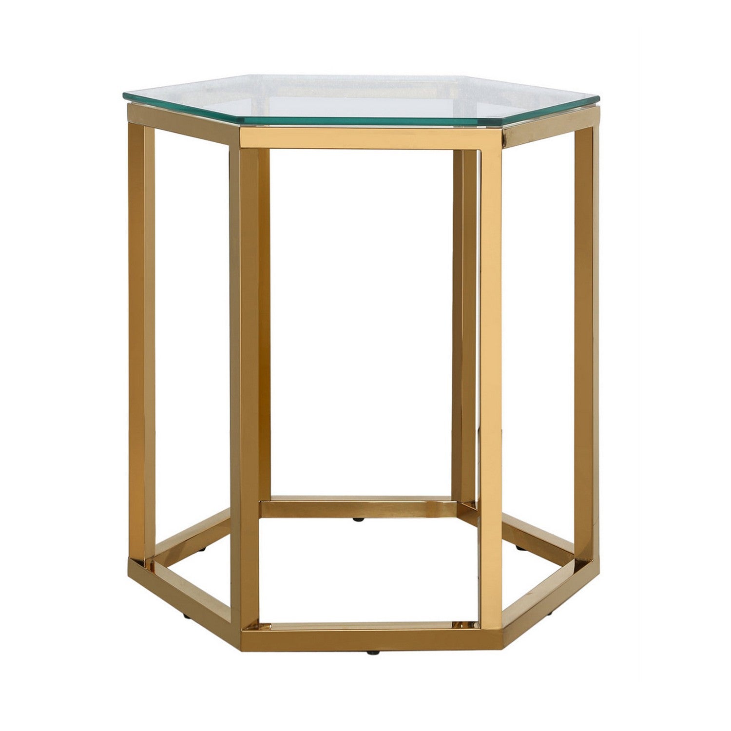 Hexagon Gold Stainless Steel Side End Table with Clear Glass Top