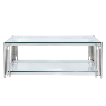 2-Tier Chrome Coffee Table with Clear Glass Tabletop