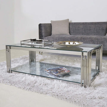 2-Tier Chrome Coffee Table with Clear Glass Tabletop