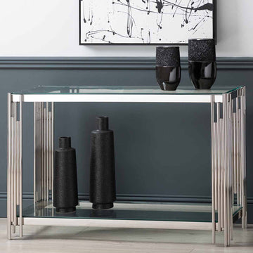 2-Tier Chrome Console Table with Clear Glass Tabletop