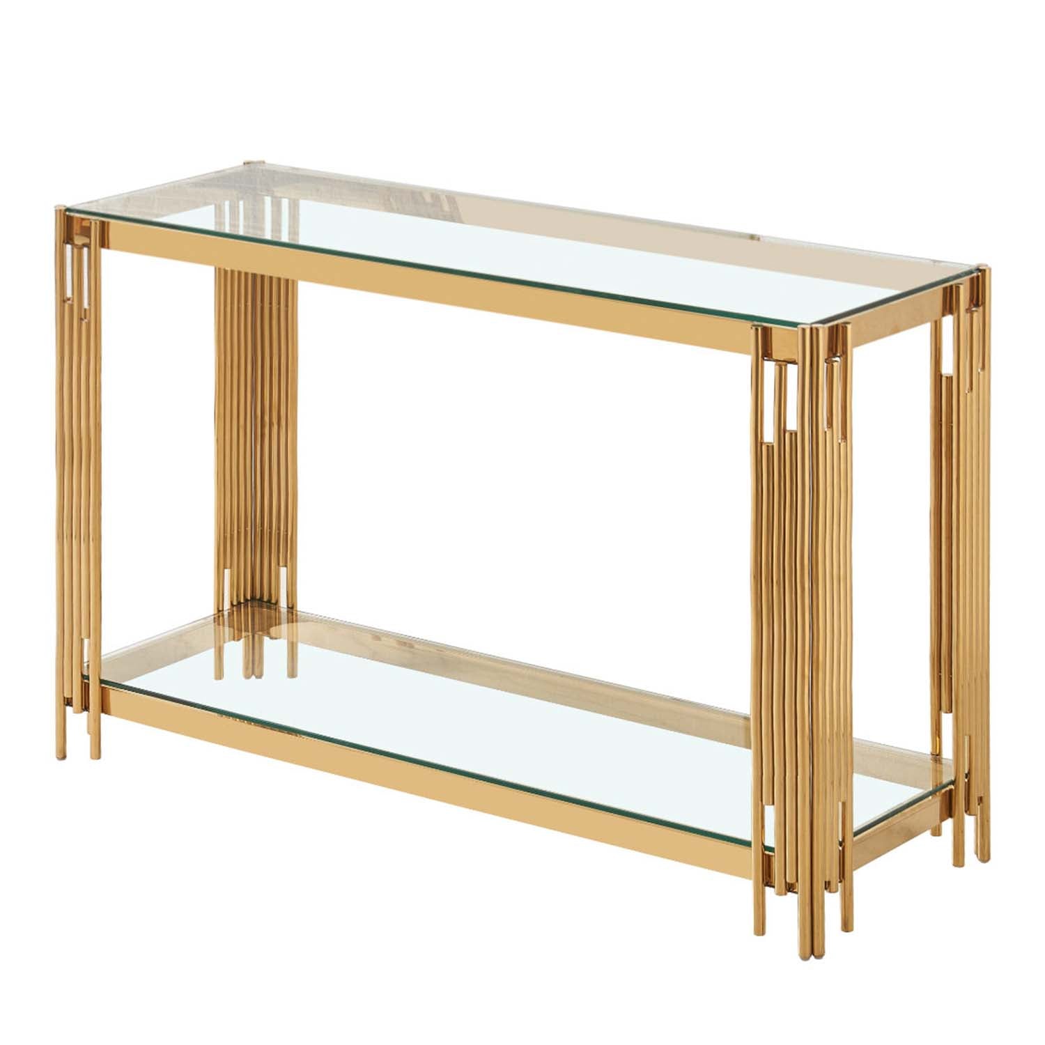2-Tier Gold Console Table with Clear Glass Tabletop