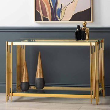 2-Tier Gold Console Table with Clear Glass Tabletop