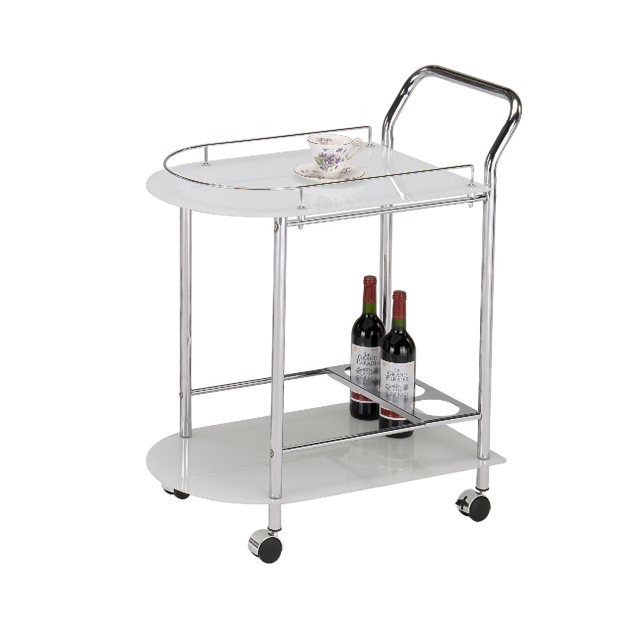 Chrome Drinks Trolley w/ White Glass Shelves