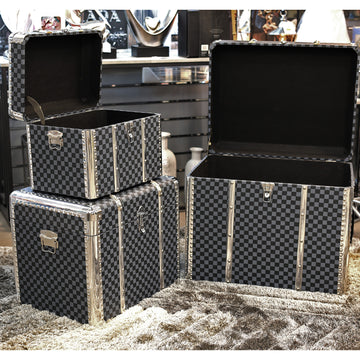 Set of 3 Checkered Navy Grey Faux Leather Travel Bags