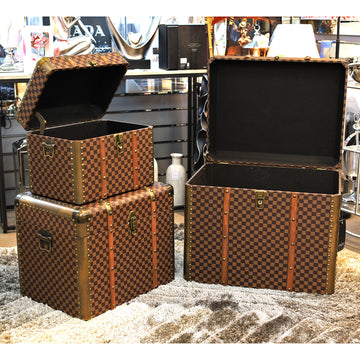 Set of 3 Checkered Brown Faux Leather Travel Bags