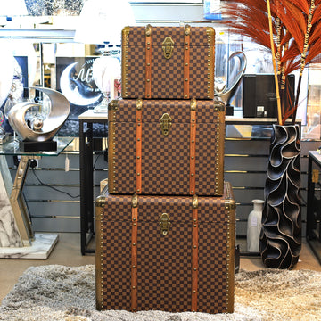 Set of 3 Checkered Brown Faux Leather Travel Bags