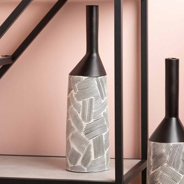 50cm  Pearl White & Black Brush Lines Polyresin Vase
