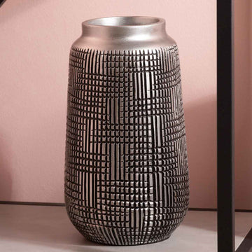 31cm Black & Silver Textured Lines Polyresin Vase
