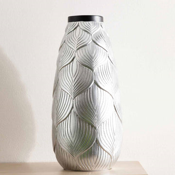 35cm Silver Textured Leaf Lines Polyresin Vase