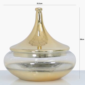 Large 38cm Glass Vase With Gold Fluted Lid