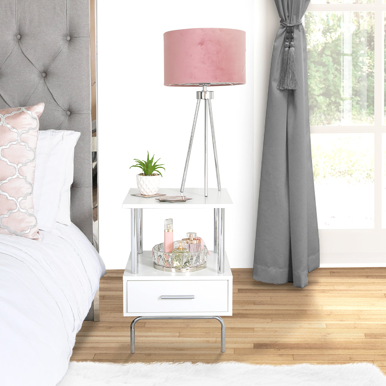 White & Chrome Charlotte 1 Drawer Bedside Cabinet