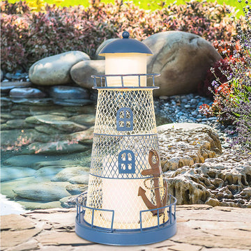 GardenKraft Blue Metal Solar Powered Lighthouse Candle Light