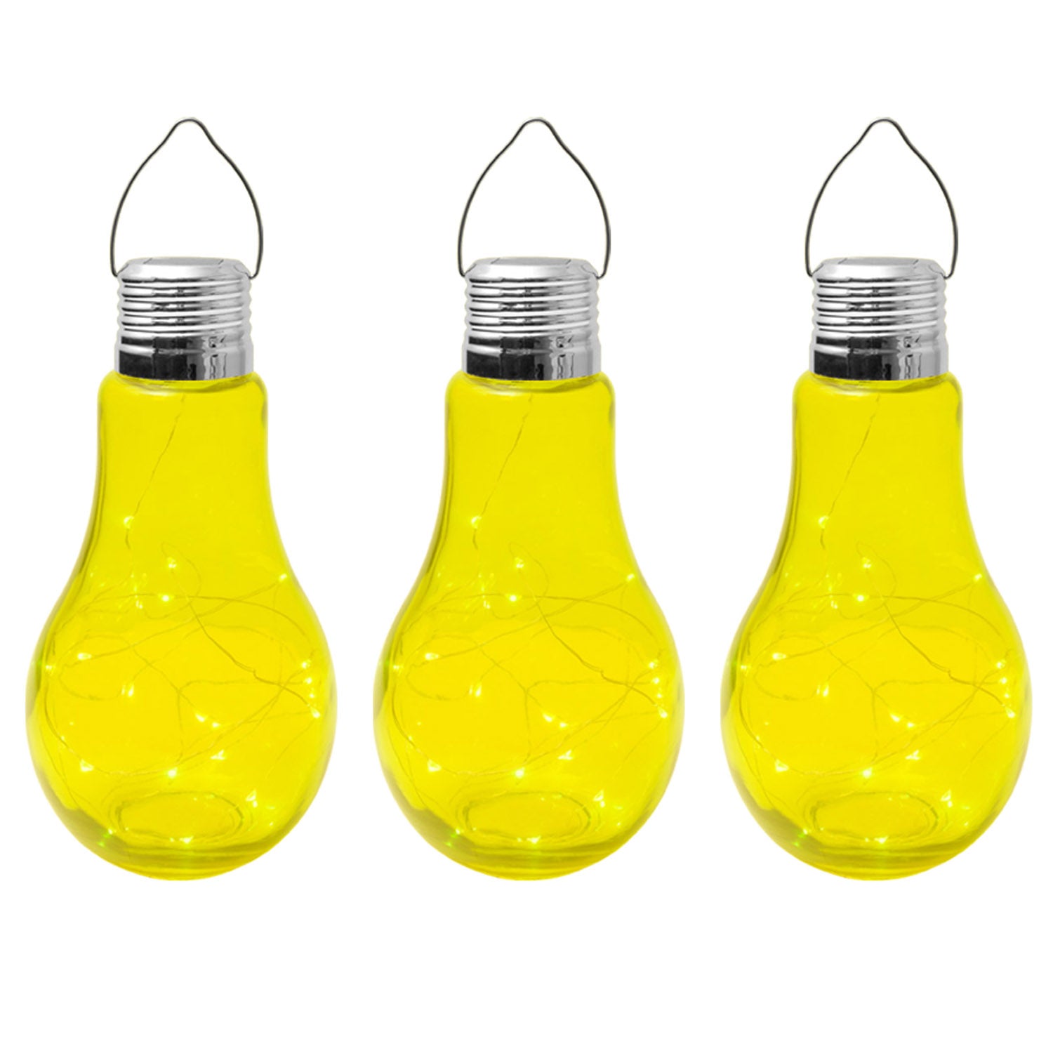 Set of 3 Solar Powered Yellow Lamp Garden Lighting Decor