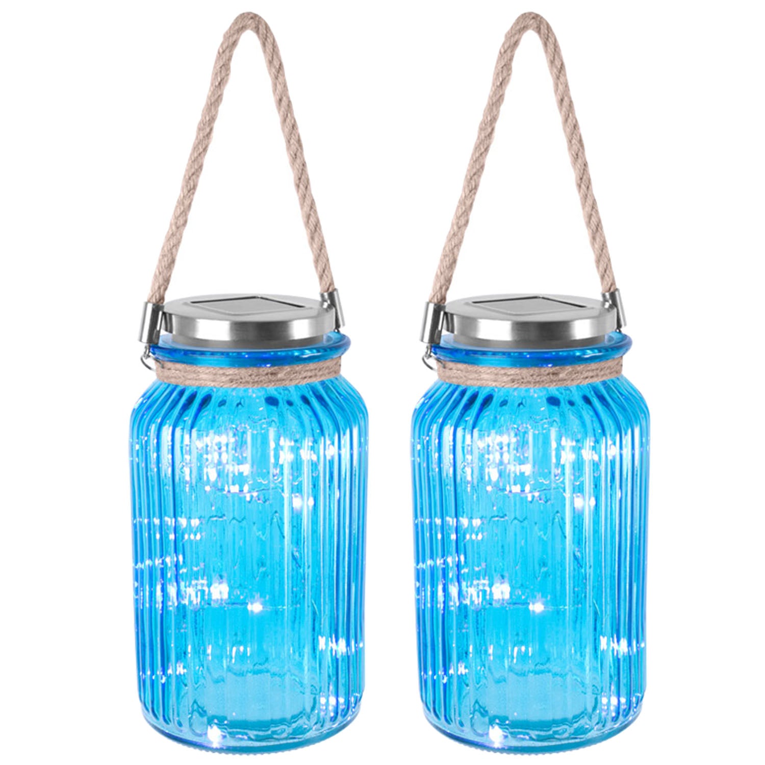 Set of 2 Solar Lanterns With Rope Handle 20 LED Lamp Garden