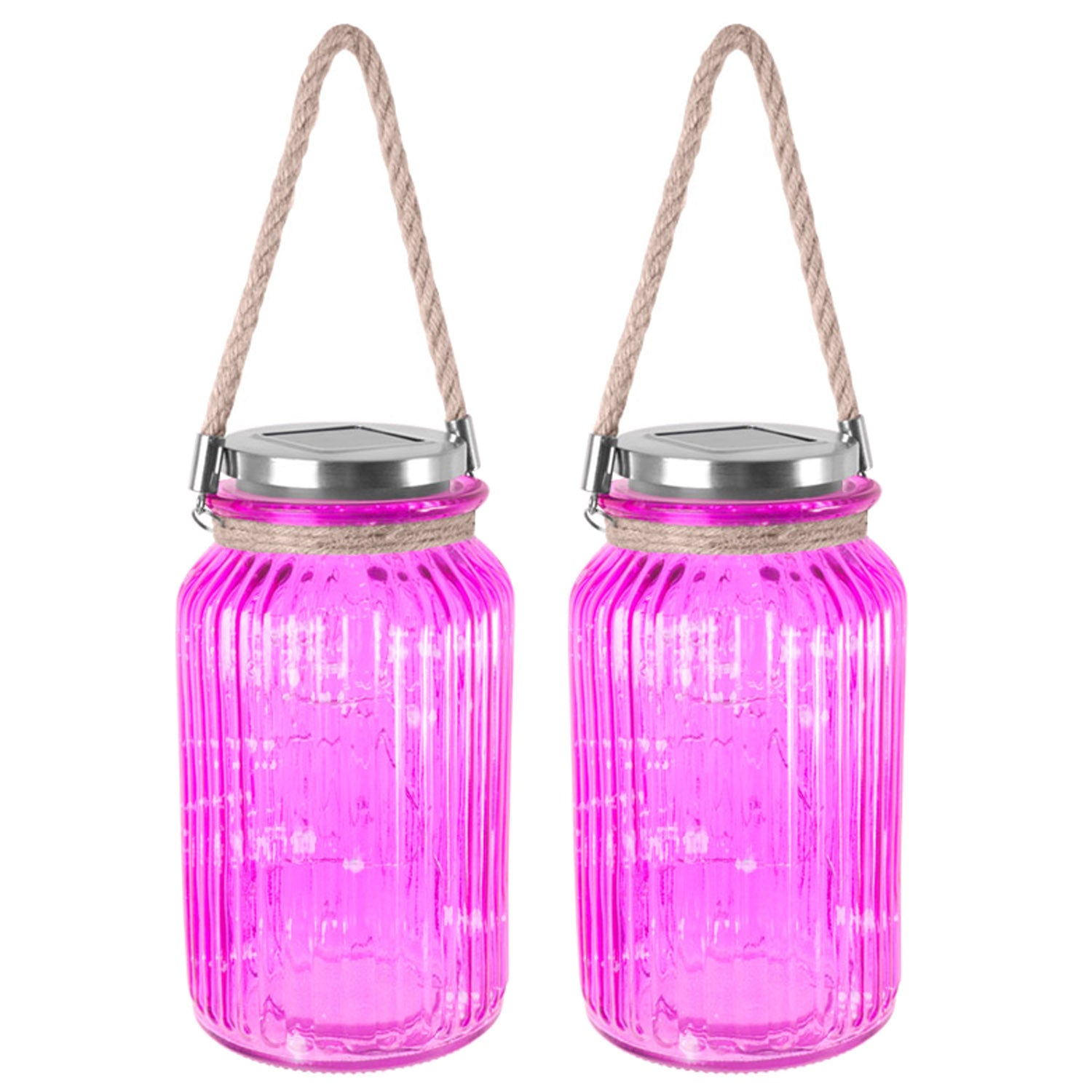 Set of 2 Solar Glass Lantern Rope Handle 20 LED Garden Lighting Pink