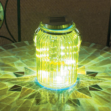 Set of 2 Solar Glass Lantern Rope Handle 20 LED Garden Lighting Green