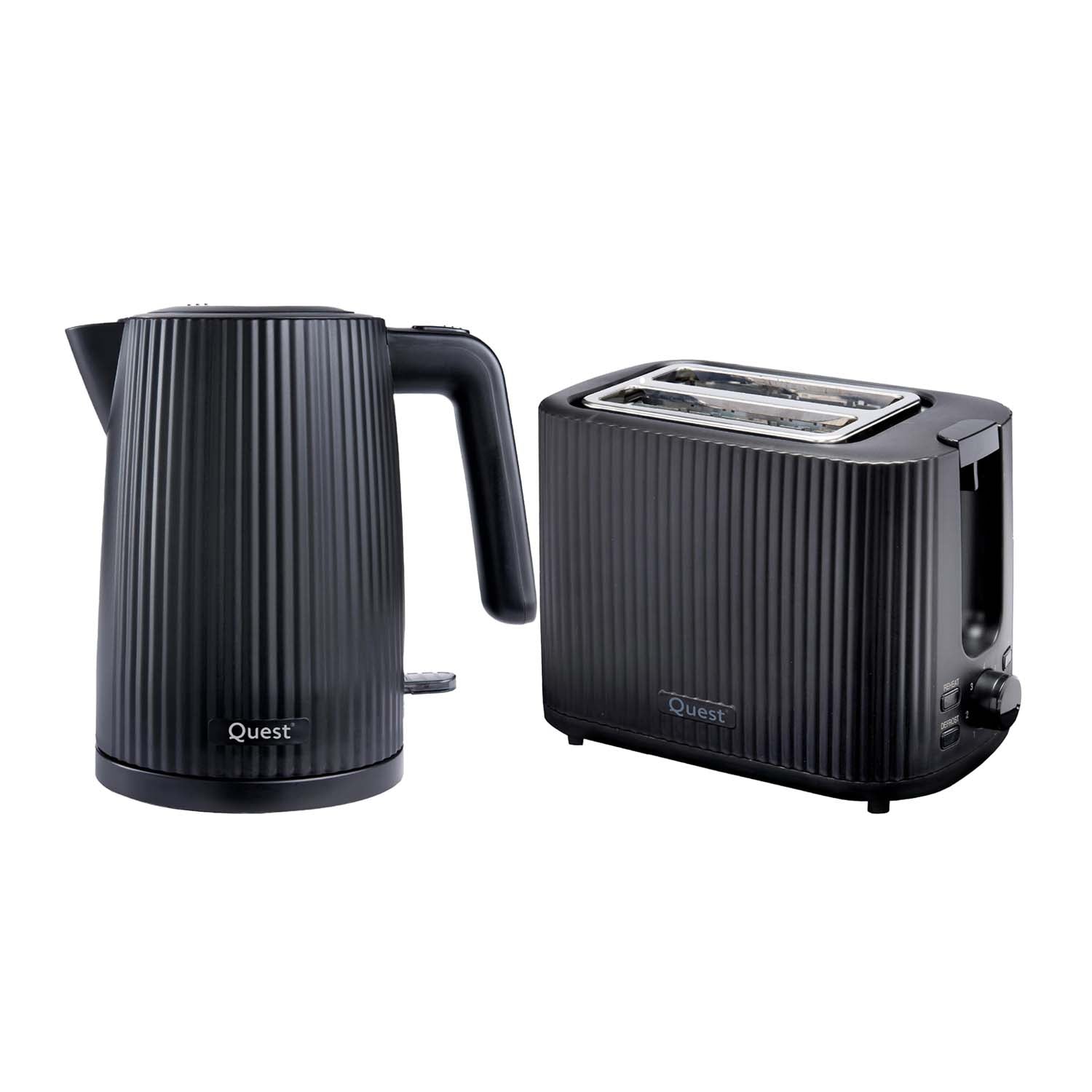 Quest 1.5L 3000W Black Electric Kettle & 2-Slice Grooved Toaster Set