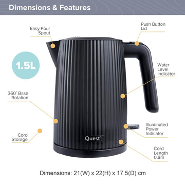 Quest 1.5L 3000W Black Electric Kettle & 2-Slice Grooved Toaster Set