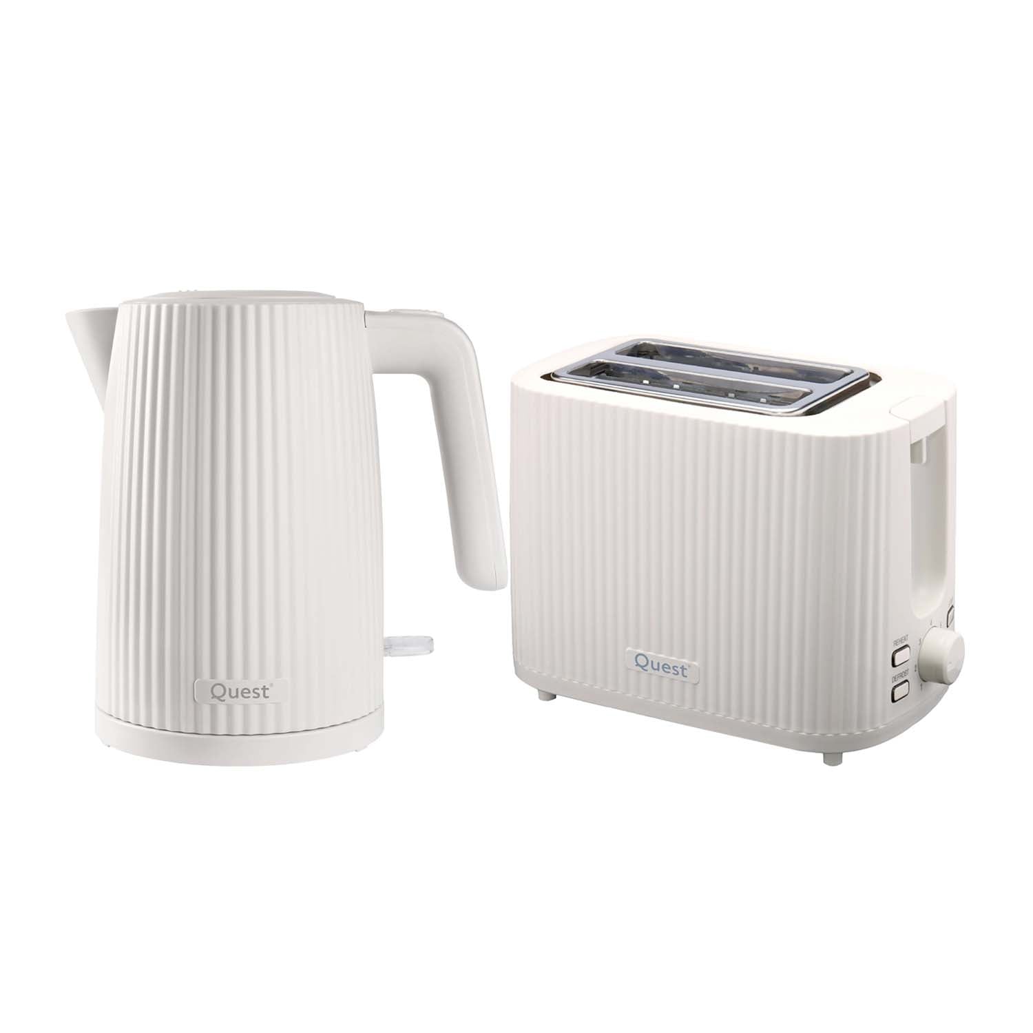 Quest 1.5L 3000W White Electric Kettle & Quest 2-Slice Grooved Toaster Set